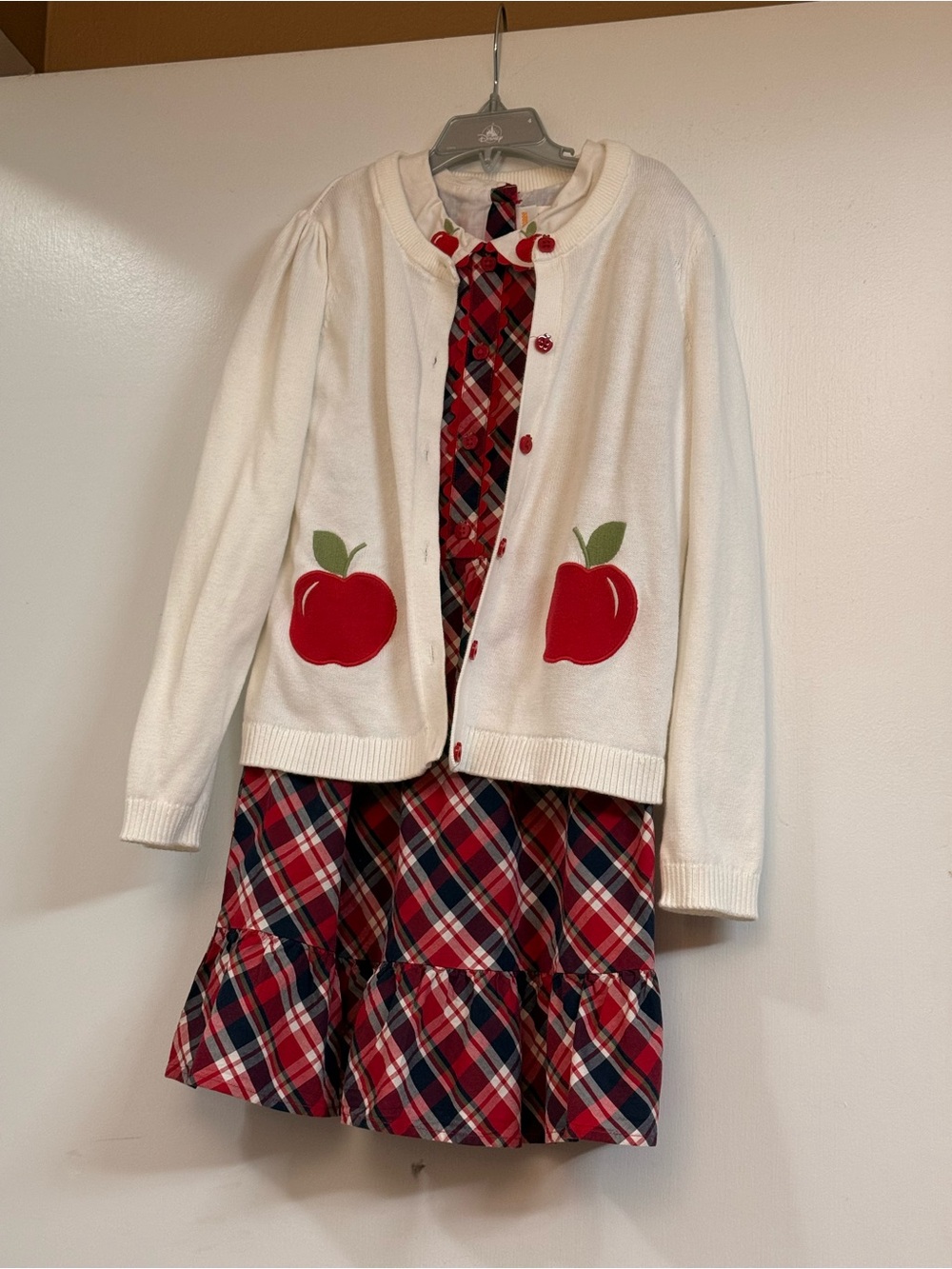 Gymboree White Cardigan with Red Apple Appliqués and Red Plaid Dress